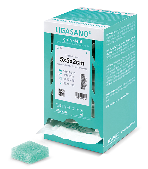 16814-015 LIGASANO grün steril Wundputzer Spenderbox 5x5x2cm